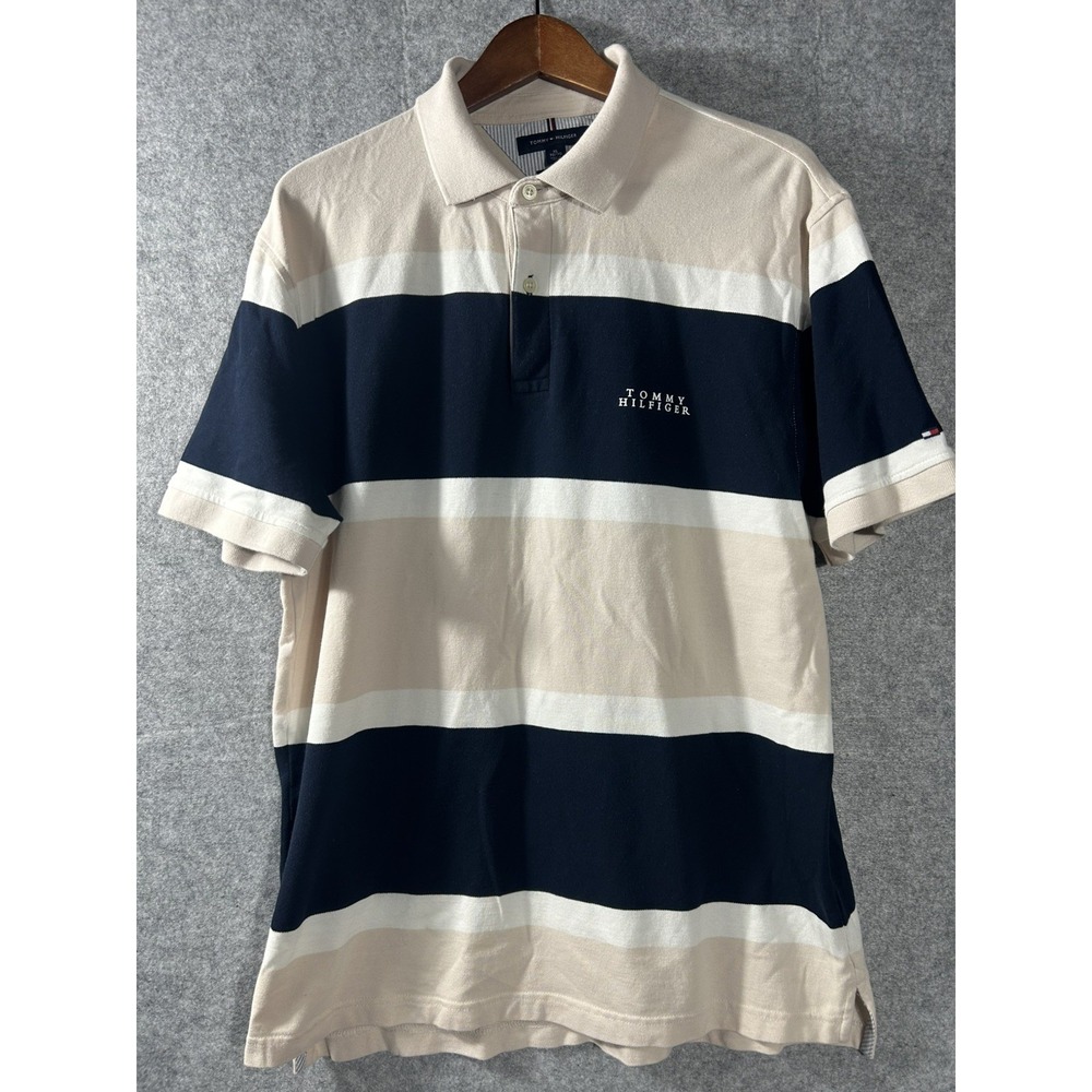 Tommy Hilfiger Rugby Stripe Polo Shirt Men's XL Cream Navy Preppy Old Money Y2K
